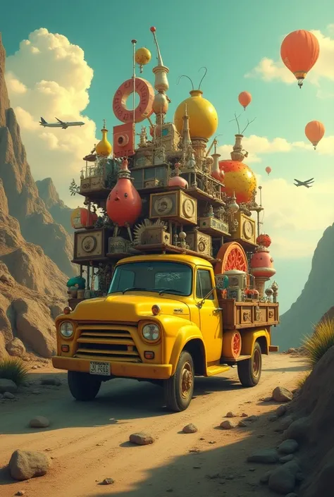 
“A vintage yellow truck piled high with an eclectic mix of oversized, whimsical objects and surreal gadgets, stacked haphazardly as it travels down a winding mountain road. The items include giant laboratory beakers, gears, strange humanoid figures climbi...