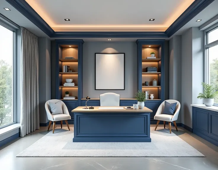 create a gray office room with navy blue details 