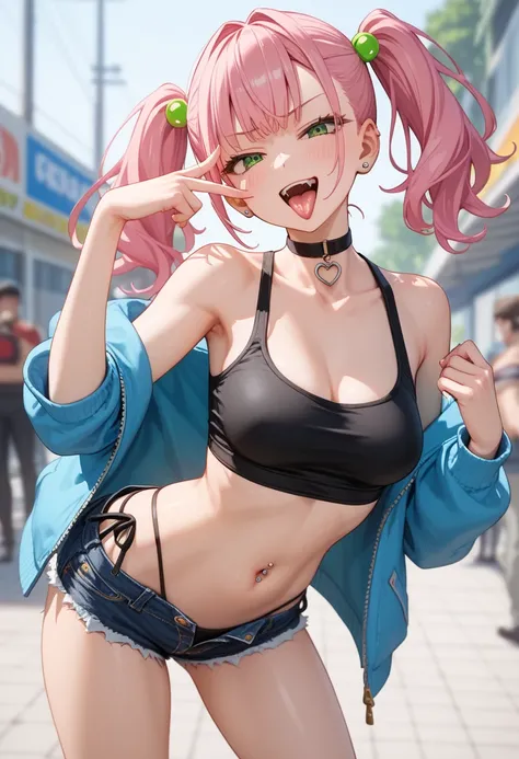 score 9, score 8 up, score 7 up, source anime,rating explicit,break, 1girl,mesugaki, twintails,pink hair,middle hair, green eyes,  piercings,high quality, detailed shiny skin, detailed beautiful hair, detailed beautiful eyes, (high resolusion:1.2), 4K, off...