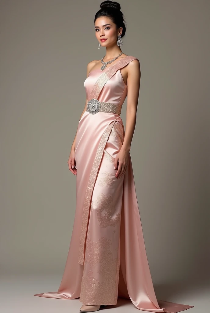 "A young woman wearing a light pink Thai silk dress with a diagonal sash decorated with intricate patterns and shiny silver accessories. The traditional Thai silk dress looks luxurious, beautiful, and elegant. It is meticulously tailored with a large belt ...