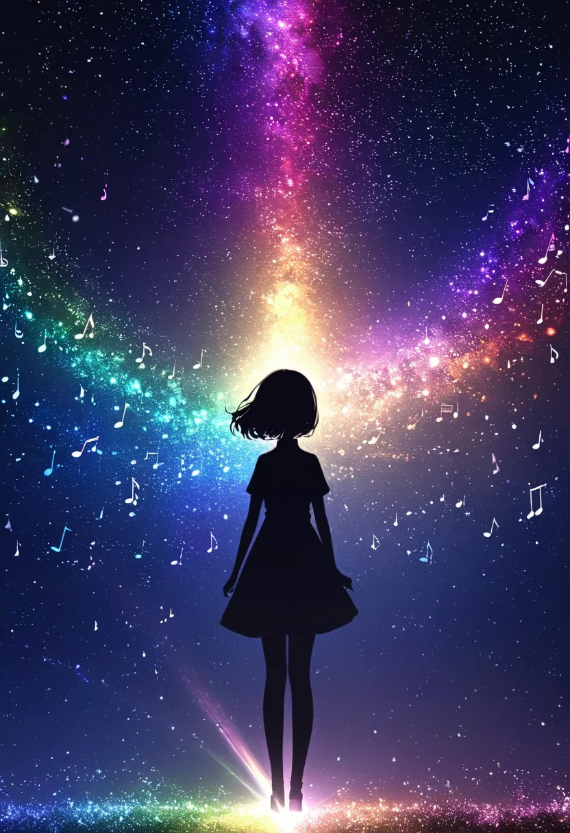 ((   glitter))、Shine絵 、  one woman,Black silhouette, galaxy silhouettes ,シルエット内部がShine, Imaginary,grow up,  lots of musical notes,Shine音符,White ,Shine ,red,Five-line Spectrum,Unity,  光がShine  ,    visible from afar 