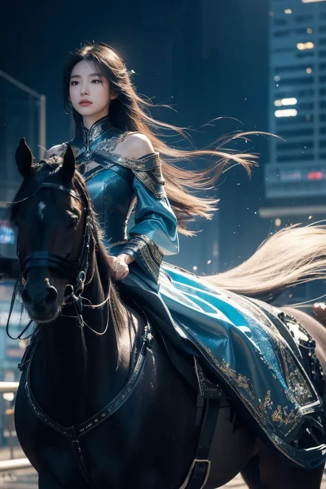 /I fashion photograph, vogue, black cybernetic horse with intricate metallic parts. gray background, A asian woman in a flowing blue dress rides on the horse, her dress billowing elegantly as if caught in a breeze. The woman has an air of strength and eleg...