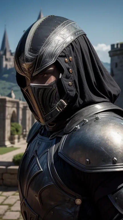 ((realistic)), cinematic shot, movie theater, photo referenced, highest quality, high quality, (detailed face and eyes:1.1), a huge knight wearing a black armor, ((intricate helmet)), face mask armor, ((big eyes)), black sclera, in the countryside, black e...