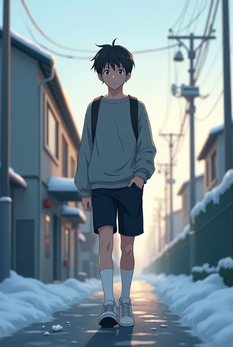  Japanese Anime、 male middle school student looking cold、uniform、 Grey Sweater、short black shorts 、dawn、Going to school、 short white socks、 white sneakers 、winter、Its not snowing 