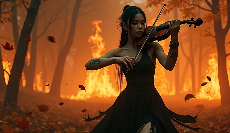 A pale Chinese woman black hair black eyes long black dress torn and ponytail, wearing bracelet, tattoo on arms,, playing violin, In autumn forest falling leaves like fire forest in strong flames during the dark night terror