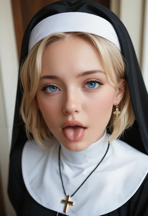 photo sexy, portrait face(closed),closed na boca,  a nun in a black tunic ,  she is a blonde with straight and short hair,  blue...