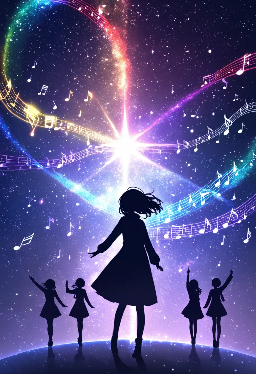 ((   glitter))、Shine絵 、  one woman,Black silhouette, galaxy silhouettes ,シルエット内部がShine, Imaginary,grow up,  lots of musical notes,Shine音符,White ,Shine ,red,Five-line Spectrum,Unity,  光がShine  ,    visible from afar 