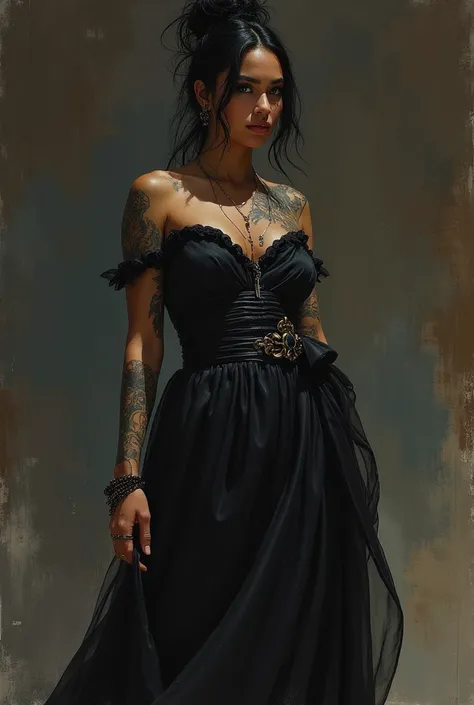 masterpiece, superlative, luxury dress, drawing woman, Dark skin, gray eyes, in worn color, Goddess, warrior, Norman Rockwell style, tattooed, curvy figure, he would be, strong look, streets at night, black color, Dark, Samurai, punk,