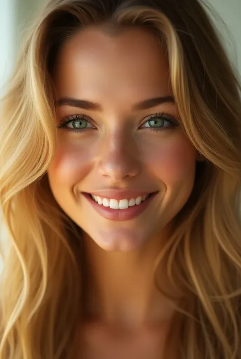 Beautiful blonde smiling with bright green eyes 