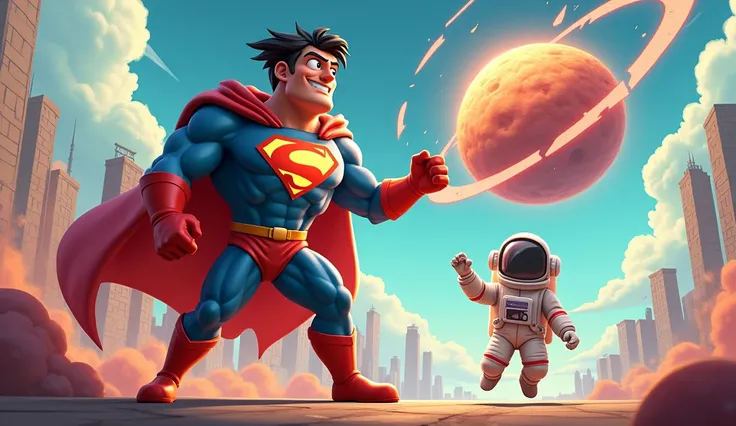 Captain Calamity(superhero) and the astronaut managed to deflect the asteroid and save the city. 
In 3d cartoon animated characters 