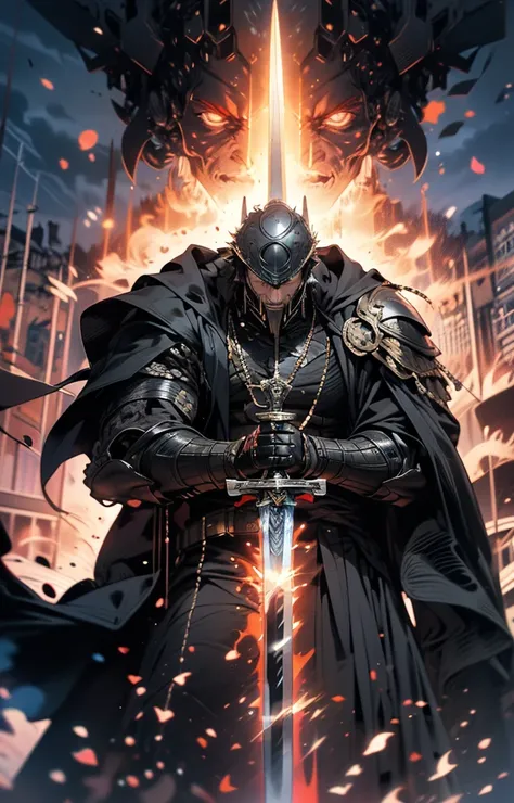 The image features a giant man who is extremely muscular, dark, gloomy and evil. He is the personification of terror. Dressed all in black, he has a helmet with heavy black armor in the middle of a medieval city. He has long clothes and armor as black as n...