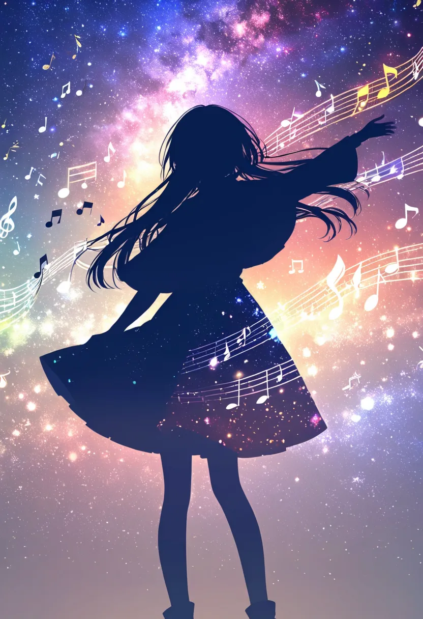 ((   glitter))、Shine絵 、  one woman,Black silhouette, galaxy silhouettes ,シルエット内部がShine, Imaginary,grow up,  lots of musical notes,Shine音符,White ,Shine ,red,Five-line Spectrum,Unity,  光がShine  ,    visible from afar 