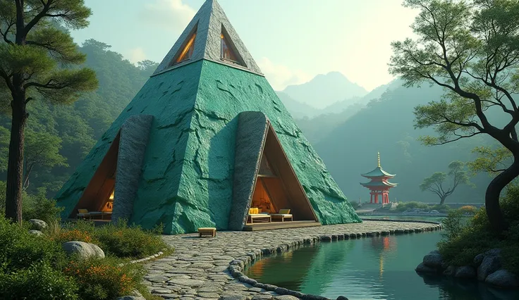 giant four sided pyramid, exterior made of very rough cut green jade and diamonds with a thin outer shell, exterior made of rough stone and dark oak wood, triangle windows, with a triangle glass door highly detailed interior. curved interior walls, complet...