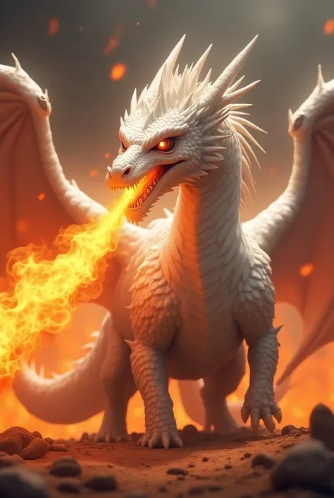 Animated: A picture of a bold standing white dragon with red eyes with fire from mouth, fearless, brave, intimidating face. Fire background 
