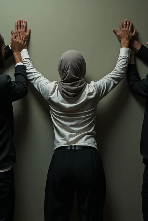 A hijab girl, captured, pin against a wall, arm wide open, lean against the wall, 2 men push her hand to the wall, hand above her head, hijab girl wearing white shirt,  bare ass  pulled  out of clothes , bending over , ass spanking, back view only