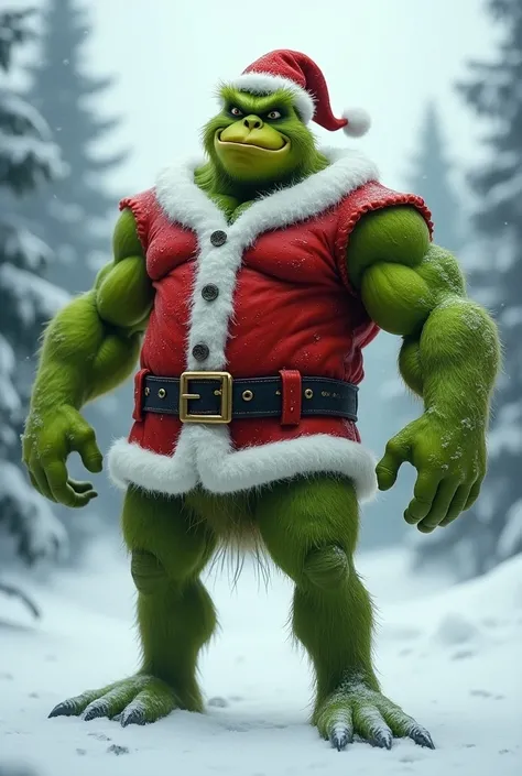 The Grinch dress like santa with muscles