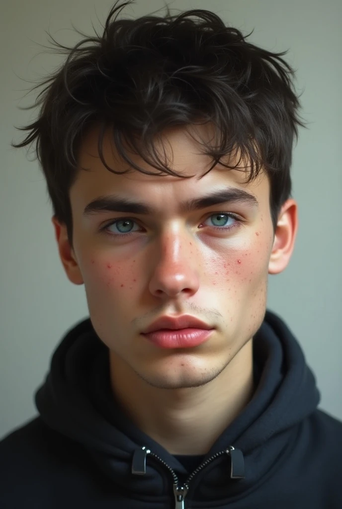 Ukrainian boy with dark hair. He has blue eyes and is 18 years old . He has pimples , a square face and thin lips and unkempt
