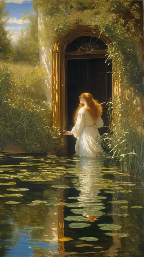 Pre-Raphaelite masterpieces of oil painting, a wooden closed door standing in underwater landscapes, graceful swaying water plants, and sunbeams shimmering off the waters surface. a sunbeam of sunlight shining through the water.Bloom,  Godley, Artistic, Ba...