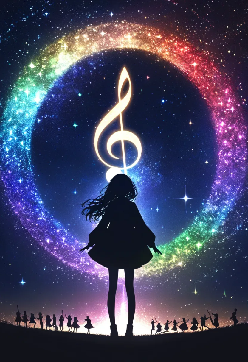 ((   glitter))、Shine絵 、  one woman,Black silhouette, galaxy silhouettes ,シルエット内部がShine, Imaginary,grow up,  lots of musical notes,Shine音符,White ,Shine ,red,Five-line Spectrum,Unity,  赤く光がShine  ,    visible from afar 