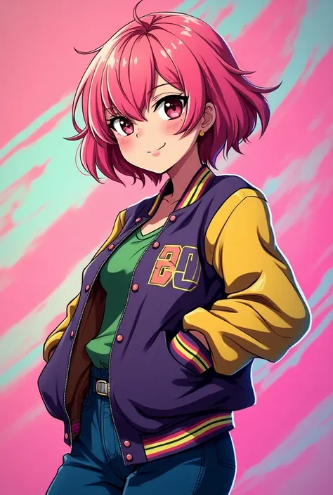 80s style anime chubby tall woman with short pink hair and a bang over one eye, wearing a varsity jacket