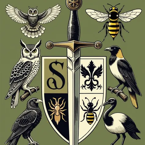 Emblem with sword owl bumblebee hornet wasp eagle magpie on green background 