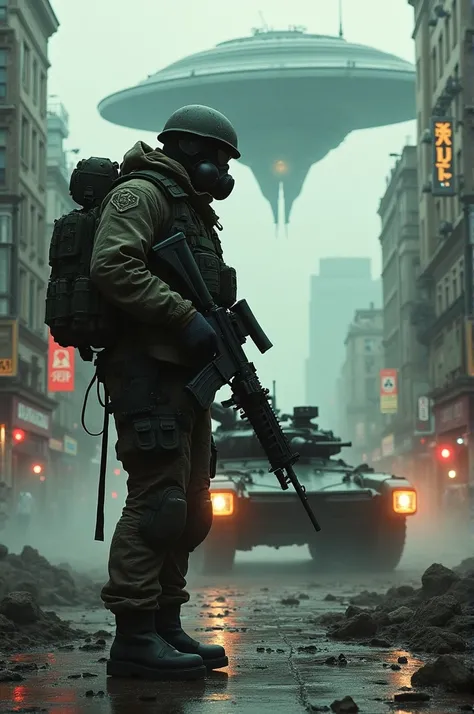  A war soldier wearing a gas mask ,  he wears an AK47 rifle in his hands , Behind him war tank , IN THE SKY,  an alien ship the scenario is one of chaos and destruction in the city