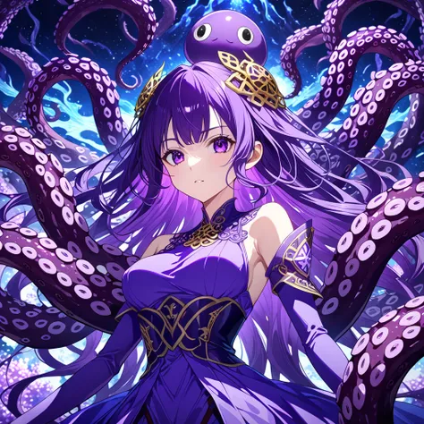 anime girl in a purple outfit, detailed octopus in the background, intricate details, anime art style, octopus tentacles, best anime 4k konachan wallpaper, trending on ArtStation and Pixiv, octopus tentacles wrapping around her, anime monster girl, epic an...