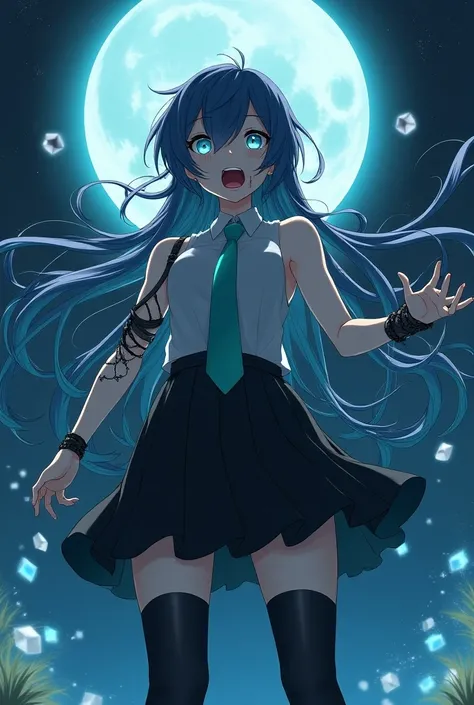 1boy
Gojo saturo,
solo,full body,fantasy,dreamlike,night,a gamer dreamy scene,a gamer scary look ,face blood ,aqua nails,long hair,aqua eyes,necktie,2d anime,black footwear,armlet,open mouth,sky,moon,sleeveless shirt,shirt,black skirt,pleated skirt,small s...