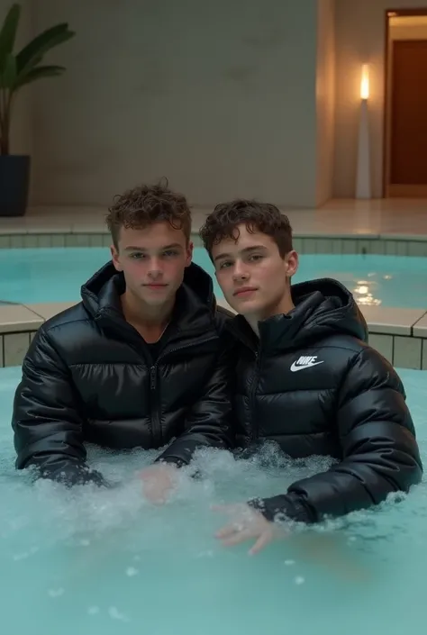 Two teens in shiny black Nike down jackets who are in the jacuzzi 