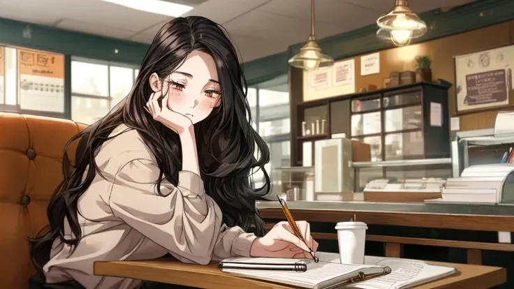 One beautiful 20-something woman with long hair, studying with her left hand on her cheek, holding a pencil in her right hand. She is in a calm retro coffee shop at noon, a notebook, a smartphone, and a cup of hot coffee on the table.