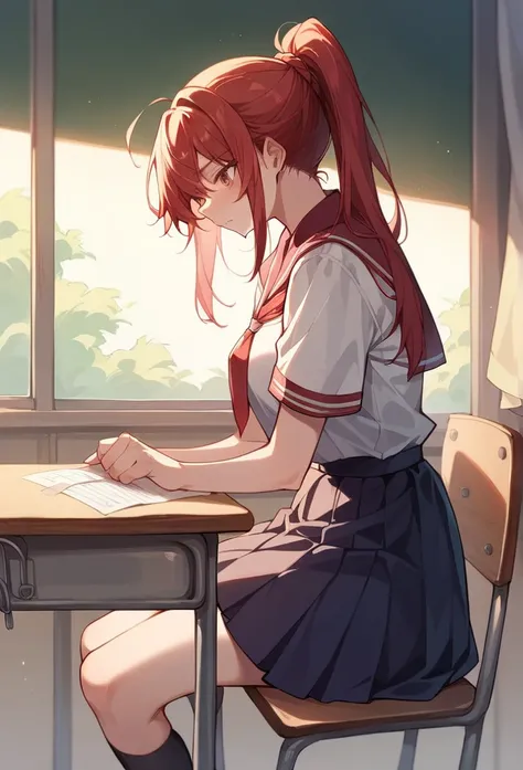 High school girl、Red Uniform、Red Hair、 ponytail、Tall、 having a conversation 、classroom、High image quality、 anime style、Parameter table