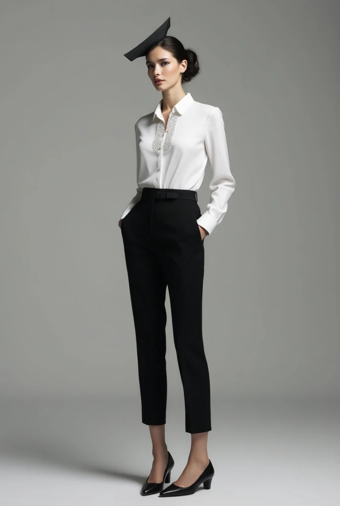  A female headpiece ,  with formal black clothing ,  black pants ,  white blouse with a metallic chongo, hair up, flats shoes .