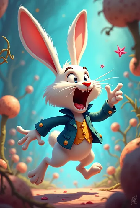 The white rabbit jumps back scared in Cartoon