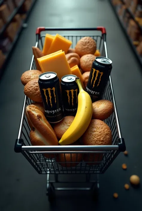 I need a picture of a purchase with 4 cans of Monster Energy, a banana,  a bag of breakfast rolls and a pack of sandwich slices of cheese . The image section should be ,  as if you were looking at the shopping cart from above ,  as if you were to push it ....