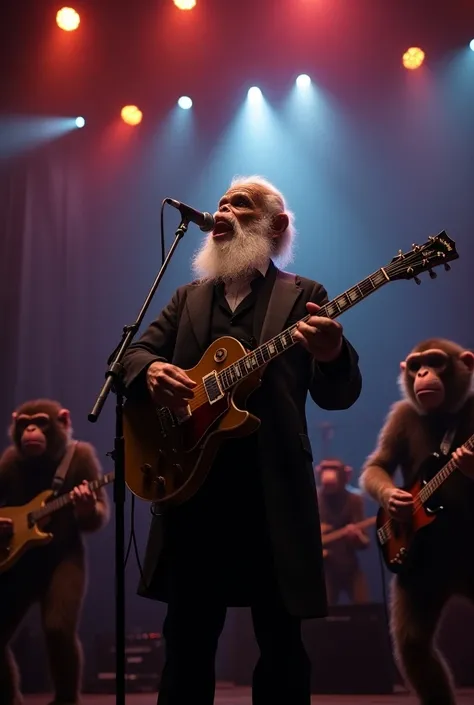 realistic image of Charles Dawin, singing with a microphone, accompanied by 4 monkeys with drums, bass, and electric guitar, forming a rock band on a stage with a large happy audience