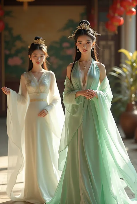 Two Chinese princesses, a woman with long straight hair, wearing a Chinese dress, big breasts, white hanfu, luxurious long shoulders.  ((Pintong gold flower metal hair ornaments )) , with a high headband, in a palace with flowers, looking at the camera, ho...