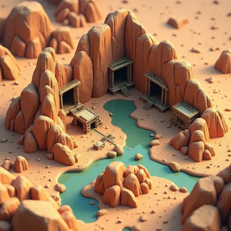 3D Model Games, Tribal style, Square land model with rocks, small mine, rocks, no people, landscape, outdoors, alien planet, mars, mine, platforms, machines, water, mars colony, day, river, sci fi building, architecture. Ready to Play.