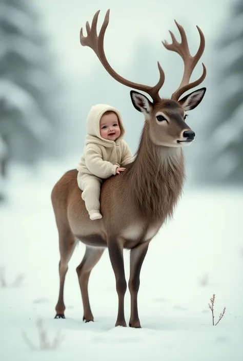  baby in a cozy cream-colored hoodie sits atop a majestic deer , both gently walking through a snowy landscape. The deer, with a thick mane and confident posture, gazes forward, while the baby smiles, radiating joy and innocence. The scene is serene, showc...