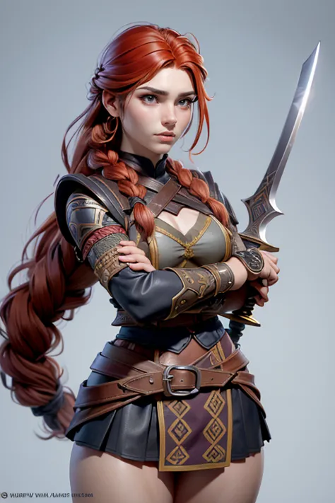  Young Viking woman , warrior,  long red hair tied in a single braid ,  amazonian body ,  generous hips , curvilinear, armed with sword ,  woman wears leather armor with leather linings and Celtic and Nordic knots, fur skirt,  top quality,  masterpiece , s...