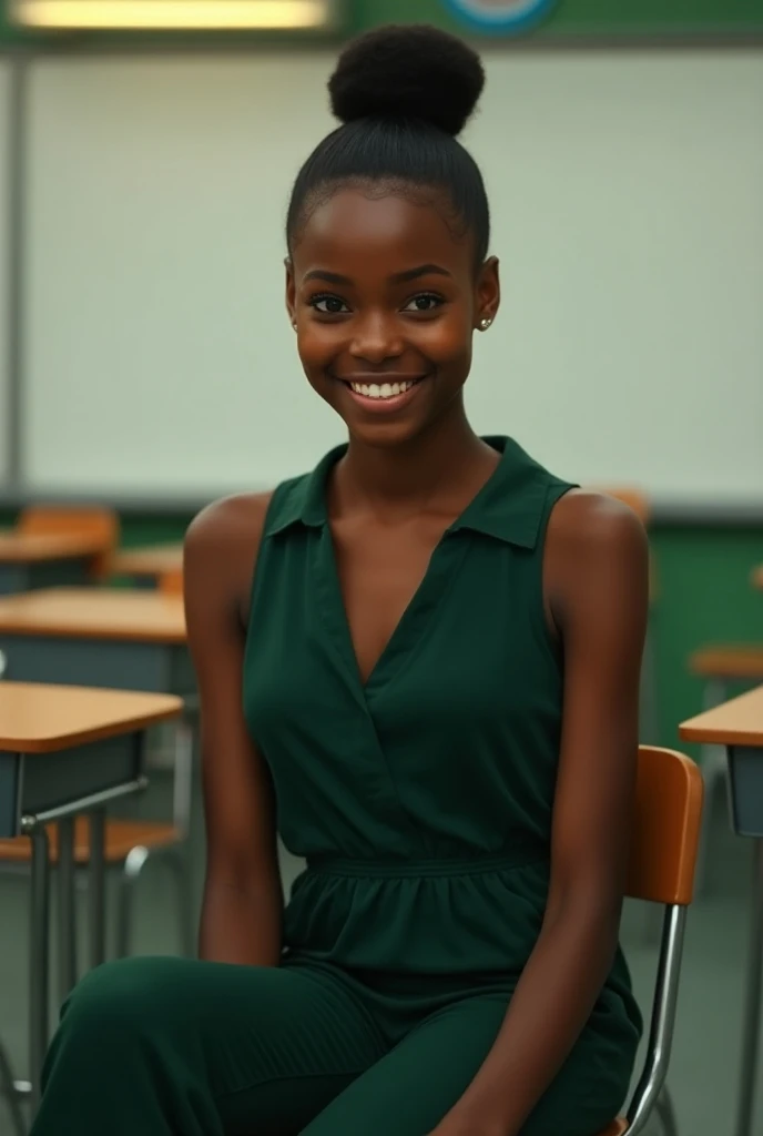 A young teenage girl  a 17-year-old African American teenager, exudes confidence and warmth in the way she carries herself. Her deep, rich skin glows softly under the classroom’s fluorescent lights, complementing the sleek black hair she’s neatly tied up i...