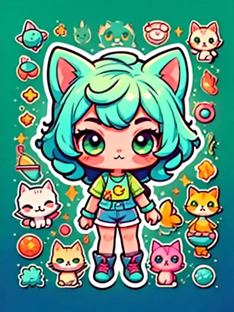 A Bikkuriman-inspired chibi character with a vibrant holographic, metallic background that sparkles. This character is an anthropomorphized cat girl, styled in a nostalgic but modern sticker design. She has short, silver bobbed hair, and bright, playful em...