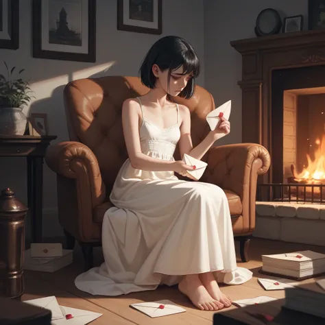  A girl of  with small breasts . barefoot.  Sits in a chair in a dark living room near the fireplace. dressed in a white dress .  black hair , long.  Eyes are gray and sad . letter in hand 