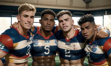 group of sexy sweaty dirty college rugby league jocks standing close together and wearing the same rugby league jersey. looking ...