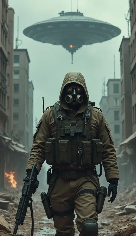  A war soldier wearing a gas mask ,  he wears an AK47 rifle in his hands , Behind him war tank , IN THE SKY,  an alien ship the scenario is one of chaos and destruction in the city