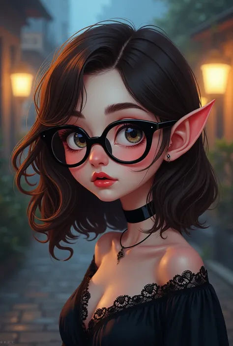 A cartoon vampire pic of a beautiful girl who wears glasses,have brown mid-short hair