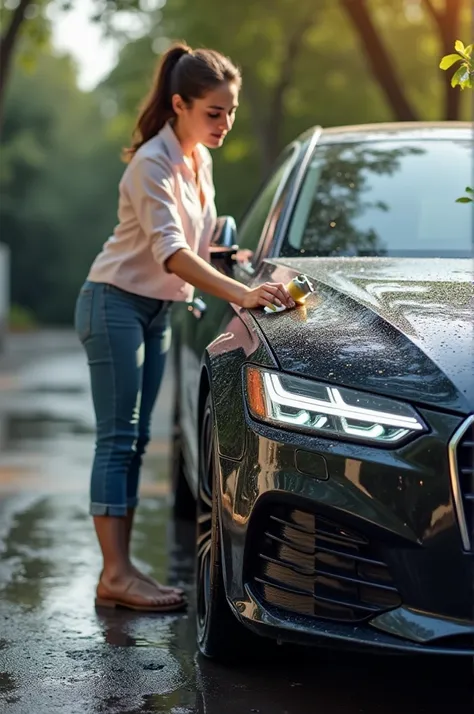 A beautiful lady wash a car by using a Car wash shampoo known as Suchi Wash ( write script image) based on specifications of bottles black and gold color 5 liters 