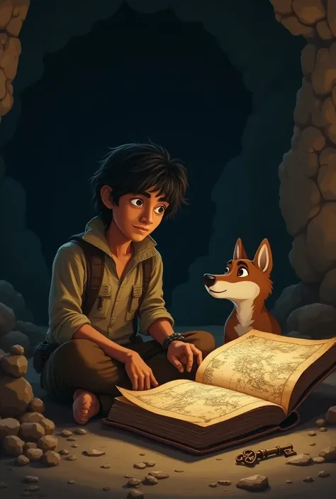 Rahul sits cross-legged inside the cave, carefully examining the old book he found in the chest. The book has maps, symbols, and mysterious illustrations, with a small, antique key beside it. His face shows a mix of curiosity and excitement as he reads, wi...