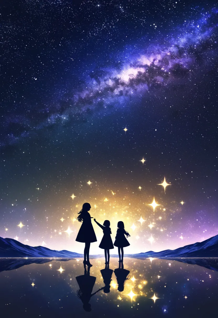 ((   glitter))、Shine絵 、  one woman,Black silhouette, galaxy silhouettes ,シルエット内部がShine, Imaginary,grow up,  lots of stars,pop stars ,Shine星,White ,Shine ,Blue and yellow,Unity,  光がShine  ,    visible from afar 