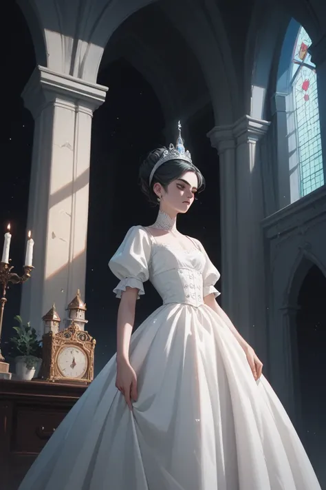  A black-haired girl with gray hair stands in the middle of the castle at night.The moonlight gently falls on her .dressed in a white dress. aristocrat .