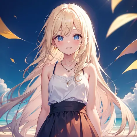  1 girl, Blonde, Long Hair, Straight Hair,  Medium Chest , camisole dress, necklace , blue eyes, Droopy eyes, Red face,  open your mouth , happiness/joy, Grin,  looking at the camera, is standing, fold your hands behind your back, Hi-Res,  simple backgroun...